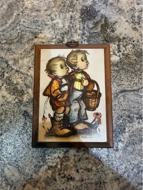 Vintage M.I. Hummel Wood Wall Plaque Print of Two Children with Basket