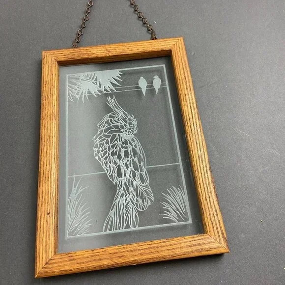 Vintage Stained Glass Window Panel  Wall decor Engraving Parrot