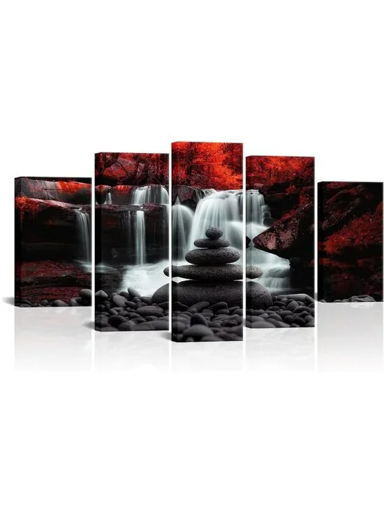 Zen Stones Waterfall Wall Art - Red Trees Landscape Canvas Print for Living Room