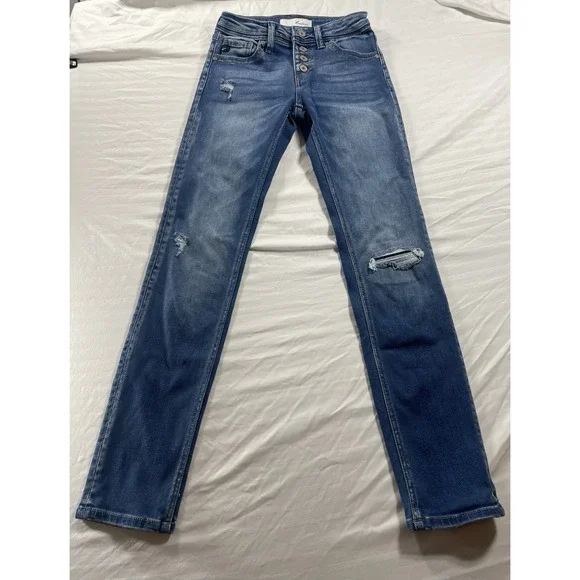 KanCan Women's High Rise Straight Distressed Button Fly Blue Denim Jeans