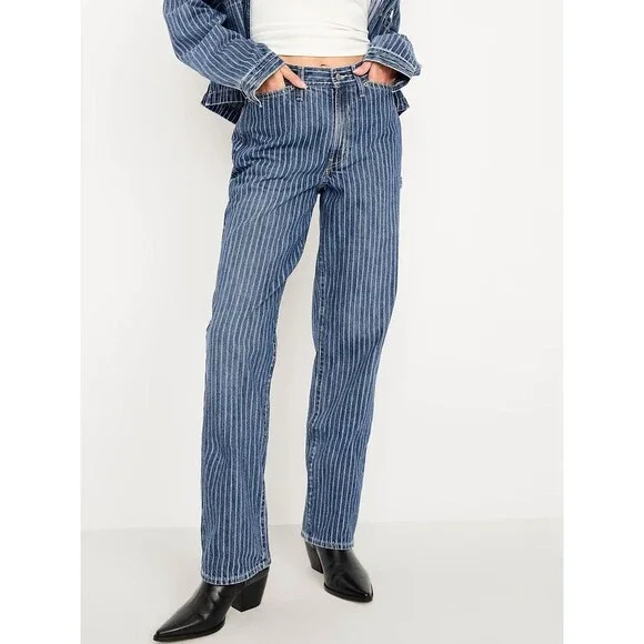 Old Navy OG Loose Rigid Jeans Womens 6 Blue Medium Wash Striped NEW