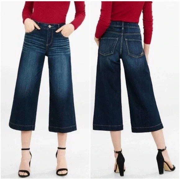 Express Cropped Jeans Women 8 Dark Blue‎ Stretch Cropped Wide Leg