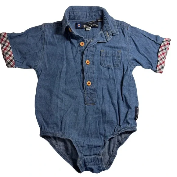 Ben Sherman Baby Boys Blue Chambray Denim Plaid Cuff Bodysuit 6-9 Months