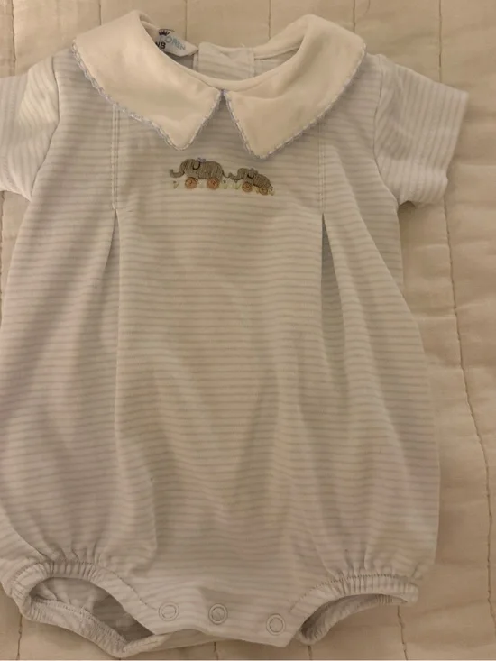 Baby Boys White & Light Blue Striped Footie One-Piece with Elephant Motif
