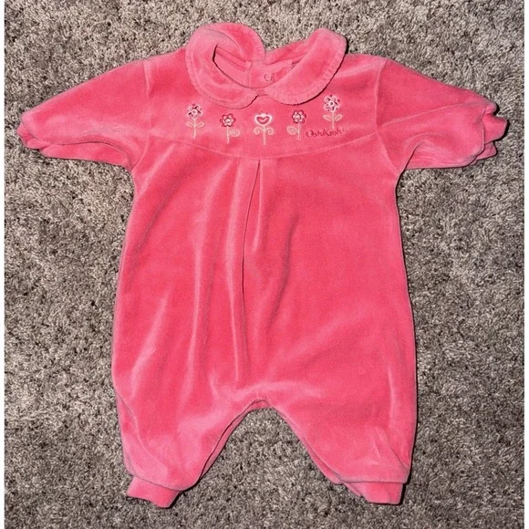 Vintage 90s OshKosh Embroidered Pink Velour Footless Sleeper Baby Girl 0-3 Month