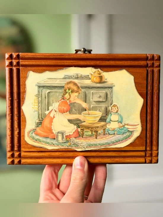 Vintage 1970s Wooden Plaque with Illustration of Girl Baking with Doll