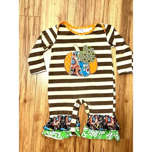 FALL Harvest Baby Girl Romper 6-12 Months One Piece Ruffles Pumpkin Jumpsuit