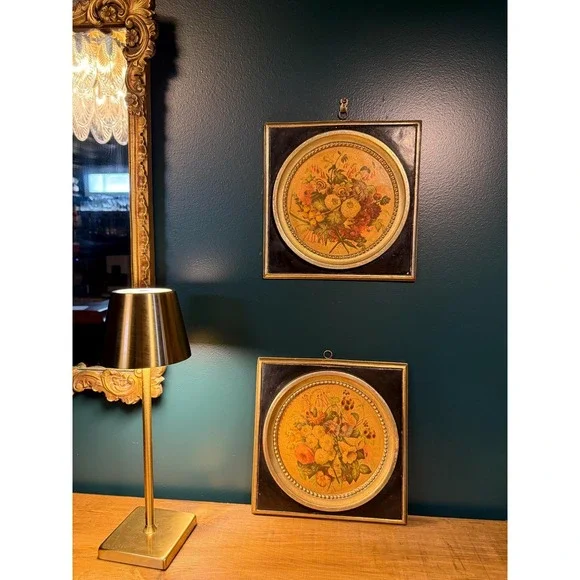Pair‎ of Borghese Wall Plaques – Vintage Floral Prints, 9.5