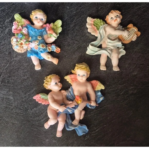 Sansco 1995 Cherub‎ Angel Wall Plaques Set of 3 Floral Lyre Heavenly Decor Art