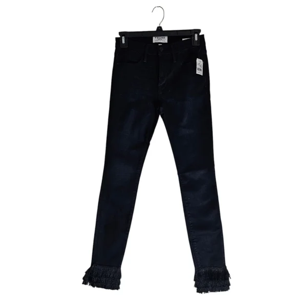 Frame Denim Highrise Skinny‎ Dark Blue Fringe Jeans 25 NWT