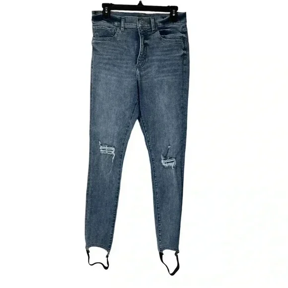 Express High Rise Distressed Skinny Med Blue Wash‎ Jeans Women Size 10 Long