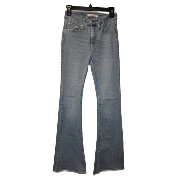 Levis 726 High Rise Flare Jeans Light Wash Raw Hem Denim Womens 26‎ Blue