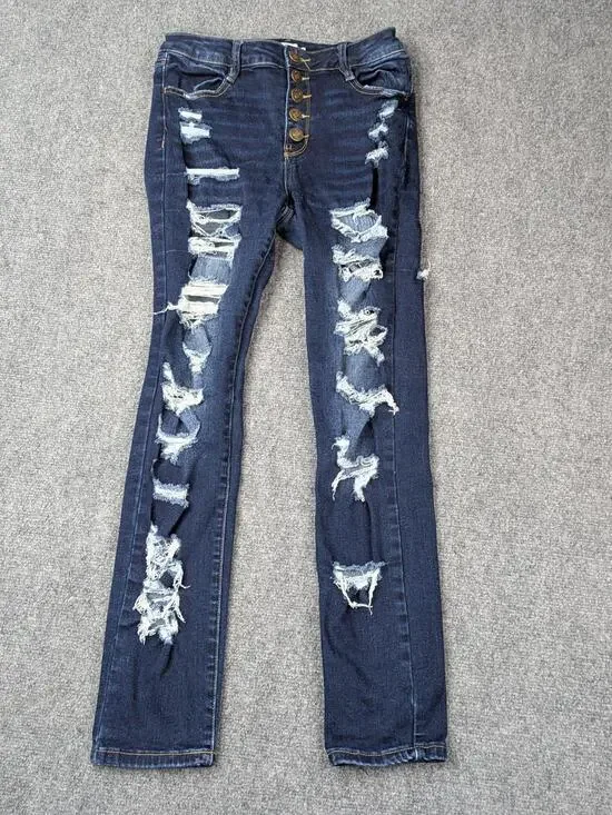 Rue21 Jeans Juniors 4 Blue Dark Distressed Skinny Button Fly Stretch Thrashed