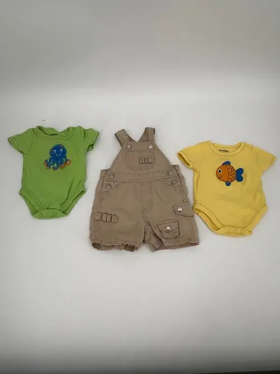 Baby Boy 3-Piece Outfit Bundle Newborn 3M Geranimals Fish Octopus Cargo Overalls