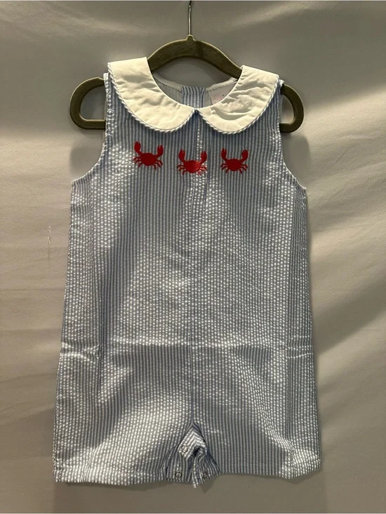 Blue & White Seersucker One-Piece with Red Crab Embroidery