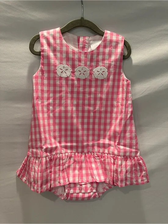 Pink Gingham Baby One-Piece Romper Dress with Floral Appliqués