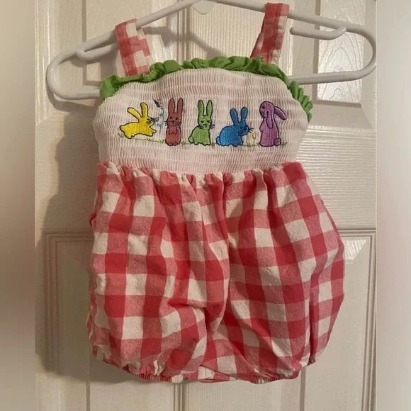 Smocked Gingham Bunny Bubble Romper