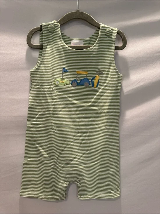 Green Striped Kids Romper - Golf Cart Applique