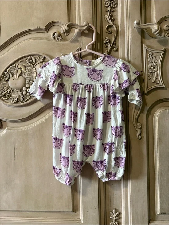 kate quinn Cream One-Piece Footie with Purple Tiger Faces