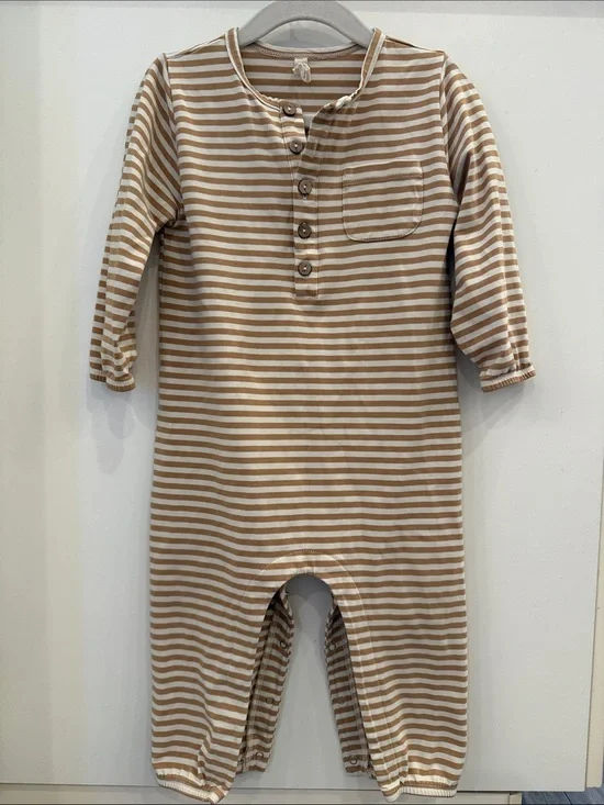 Quincy Mae Tan & White Striped Cotton Baby One-Piece