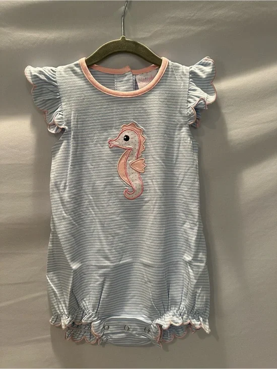 Baby Girls Blue & Pink Seahorse Romper with Matching Bow
