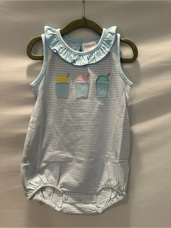 Infant Blue Striped Sleeveless Ruffle Collar Romper with Matching Bow