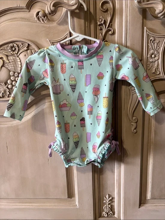 Ruffle Butts Mint Ice Cream Print Long-Sleeve One-Piece
