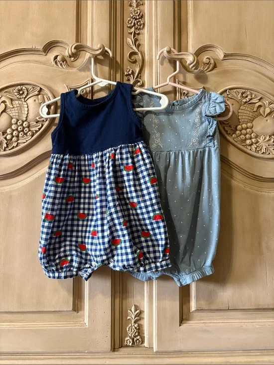 Navy & Blue Baby Rompers - Watermelon Gingham and Chambray Dot