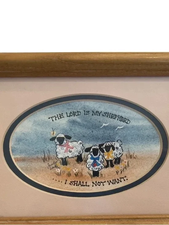 Sheep Faith Wall Art Print - Blue and Tan - Unbranded