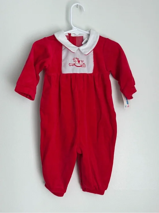 Vintage Kids Infant Red Velour Collared Romper with Embroidered Rocking Horse 6M