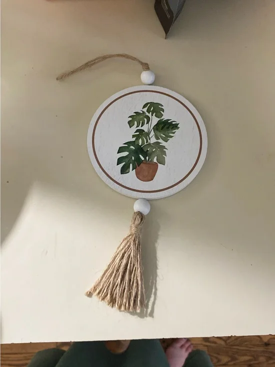 Neutral Wood Tassel Wall Hanging with Green Monstera Print
