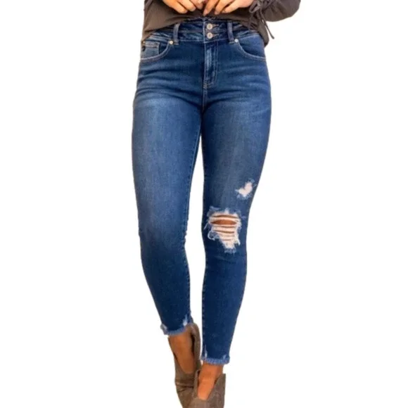 KanCan USA Gloria Jeans High Rise Dark Wash Ankle Skinny‎ Raw Hem Size 25