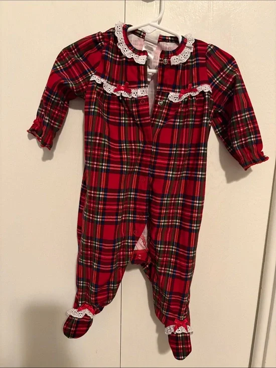 Little Me Red Plaid Footed One-Piece with White Lace Trim
