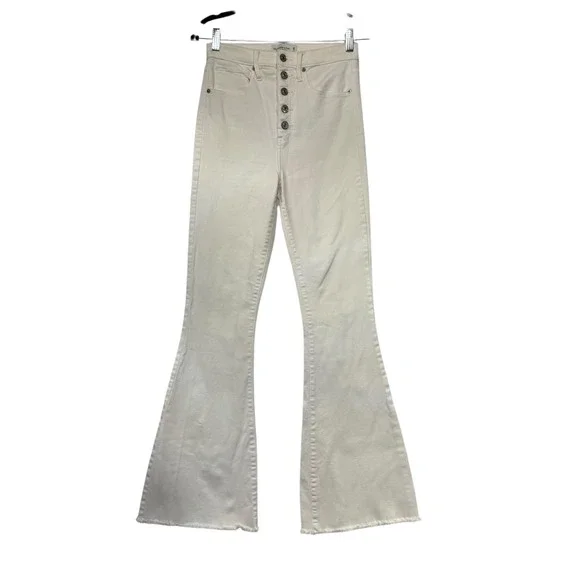 Abercrombie & Fitch Ultra High‎ Rise Flare Jeans White Button Fly Raw Hem 26/2R