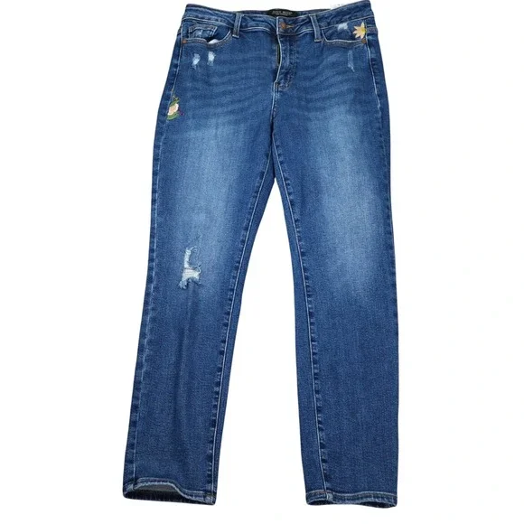 Judy Blue‎ Jeans Women 11/30 Blue Boyfriend Floral Embroidery Distress JB88288MD