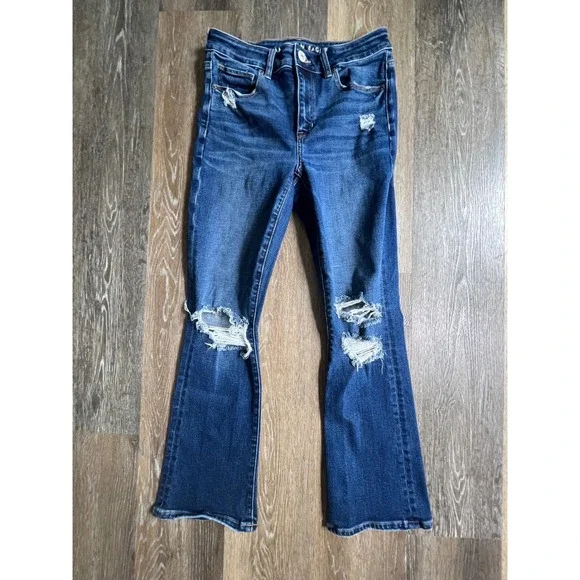 American Eagle Skinny Kick Crop Jeans Women 8 Blue Distressed Hi-Rise Stretch