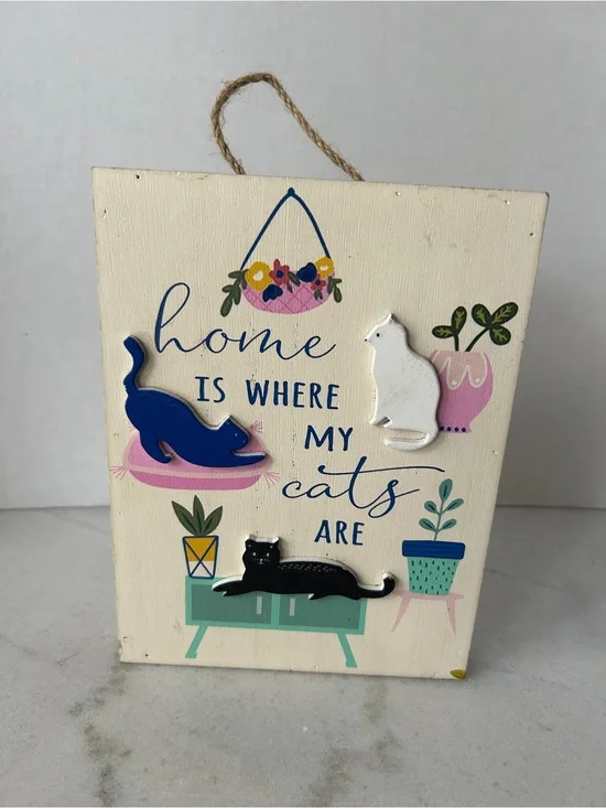 Home Is Where My Cats Are Wall Decor - Blue, White, Black Cats