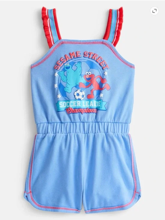 Sesame Street Light Blue Soccer League Champions Girls Romper with Red Accents