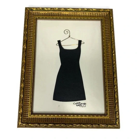 Gold Frame Little Black Dress Hanger Paper Art Collage Mini Frame Signed 8 1/2”