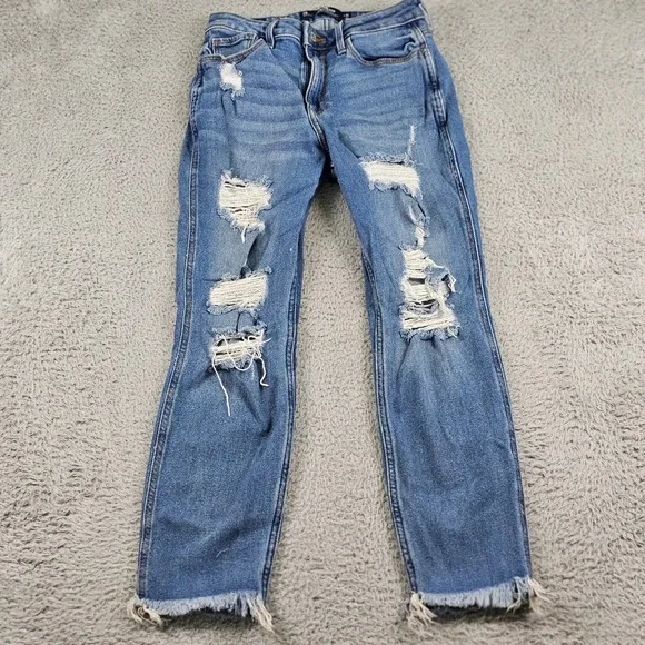 Hollister Jeans Womens 26 Curvy High Rise Mom Distressed‎ Ripped Denim Stretch