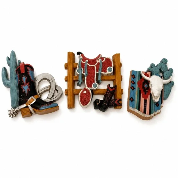 VTG Burwood Home Interiors Western Wall Plaques Set 3 Cowboy Boot Saddle 3344