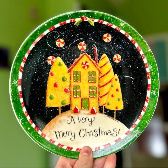 VTG Christmas Cake Gingerbread House Merry Christmas Round Plate Dan Dipaolo