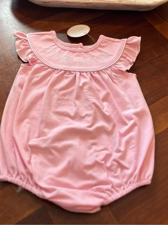 Boutique Pink Baby Bubble with 'Little Sister' Embroidery
