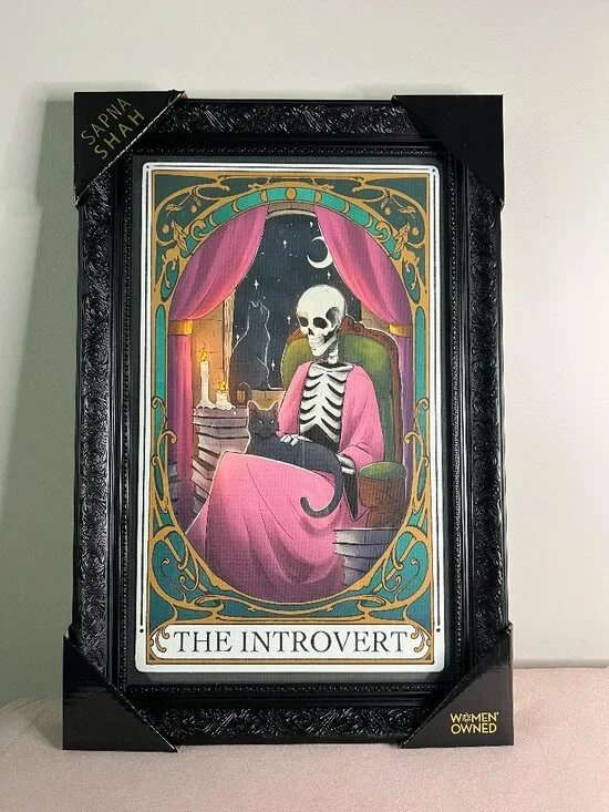 NEW Sapna Shah The Introvert Skeleton Black Cat Framed Wall Art
