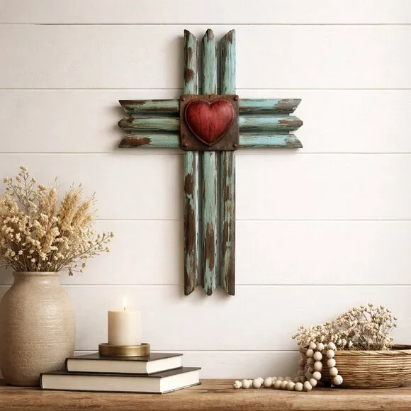 Wall Cross 16in Wood Rustic Heart Religious Farmhouse Decor Display Distressed
