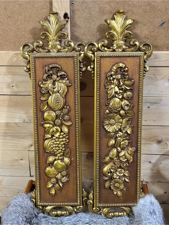 Vintage Gold Fruit Floral Wall Plaques Pair of 2 Hollywood Regency Baroque Decor
