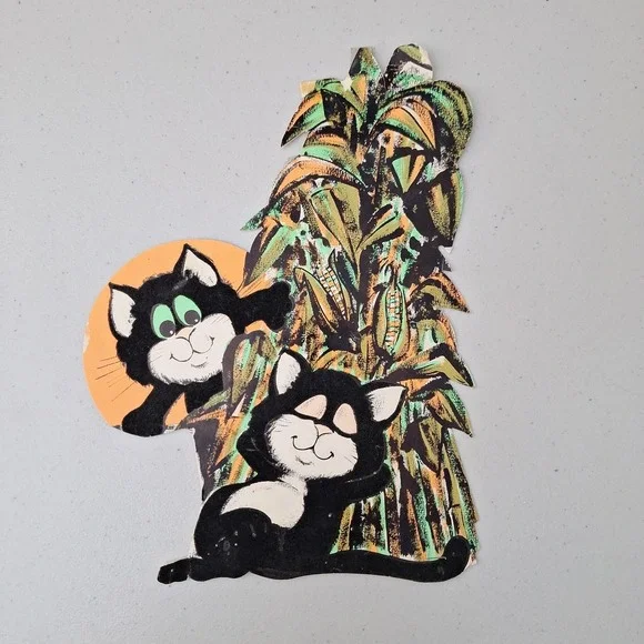 Vtg Halloween Peck Inc FLOCKED BLACK CATS & CORN STALKS Diecut Decoration 1960s