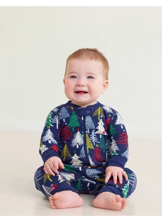 Hanna Andersson Navy Holiday Tree Print Zip Pajamas one piece play set