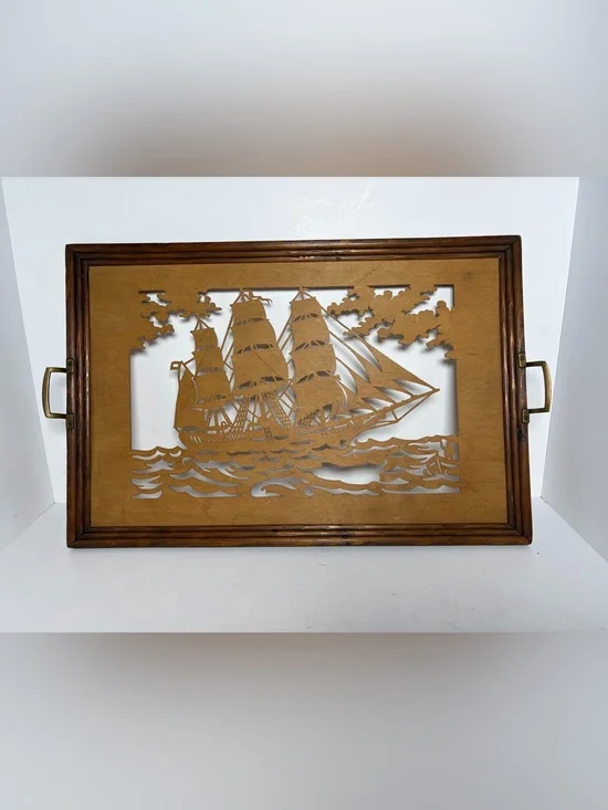 Vintage Fretwork Wood Sailing Ship Serving Tray Wall Art - 25x16 Nautical