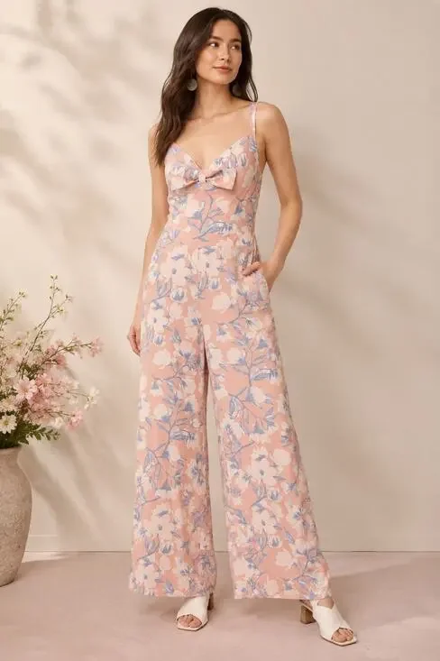 New with Tags Paper Crown Floral Wide Leg Jumpsuit Pink Blue Bow Front Large